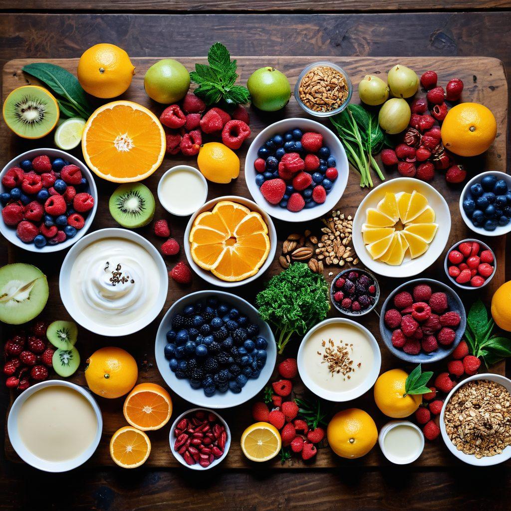A colorful and inviting spread of IBS-friendly foods including vibrant fruits, vegetables, and whole grains arranged artfully on a rustic wooden table. Include nutrient-rich snacks like nuts and yogurt, with herbal teas in elegant cups, suggesting a cozy and health-focused atmosphere. Soft natural lighting highlights the freshness of the ingredients, creating a sense of warmth and comfort. super-realistic. vibrant colors. soft lighting.