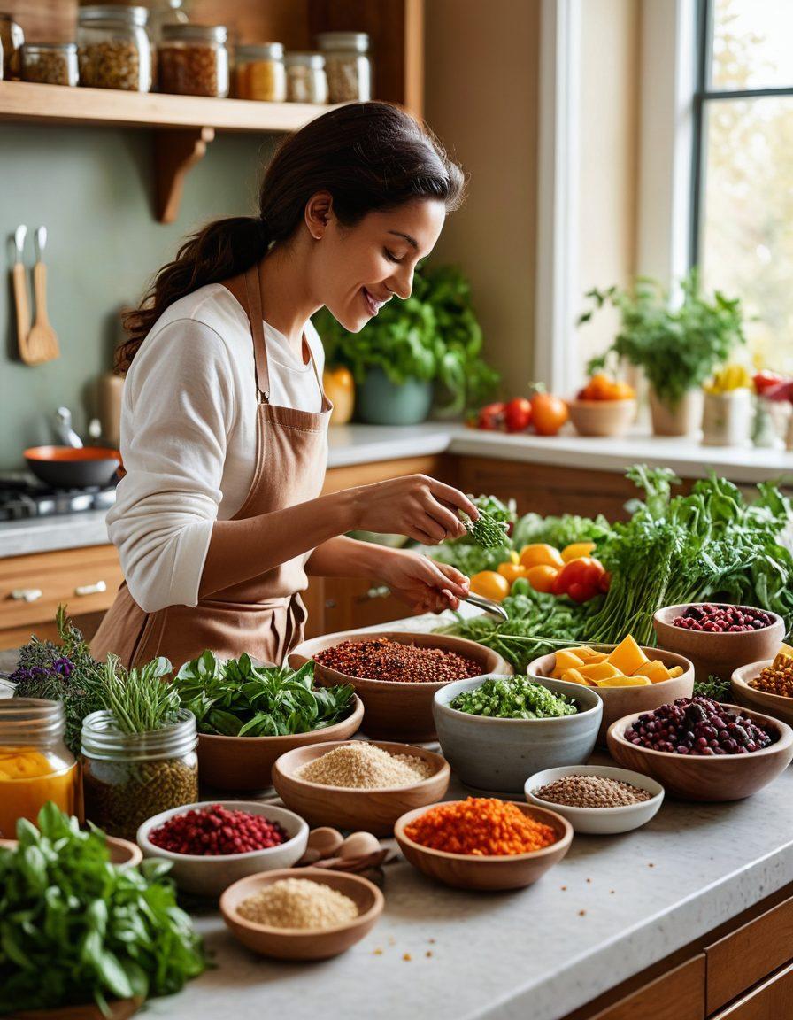 An inviting kitchen scene with a healthy, colorful array of digestive-friendly foods, such as fruits, vegetables, whole grains, and probiotics. A cozy atmosphere with soft lighting, featuring a cheerful person preparing a meal while holding a guidebook titled 'Digestive Wellness'. Include visuals of herbs and spices for flavor enhancement. Overall, evoke a sense of warmth and health. vibrant colors. super-realistic.