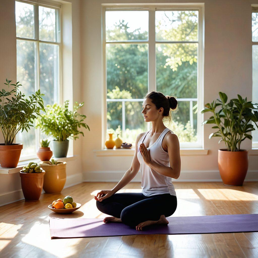 A calming scene depicting a serene individual practicing yoga in a sunlit room, surrounded by healthy foods like fruits and vegetables, with a focus on a notebook titled 'IBS Management' beside them. Incorporate soft pastel colors, sunlight streaming through a window, and elements representing balance and wellness like essential oils or herbal teas. super-realistic. vibrant colors. natural light.